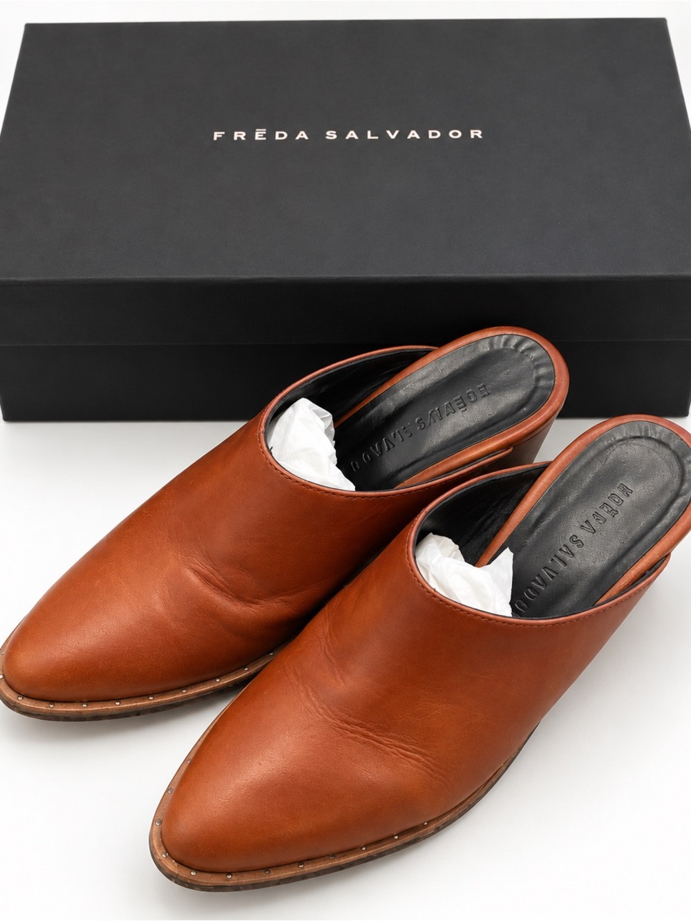 Freda Salvador Brown Leather Slip-On Mules, Size 8